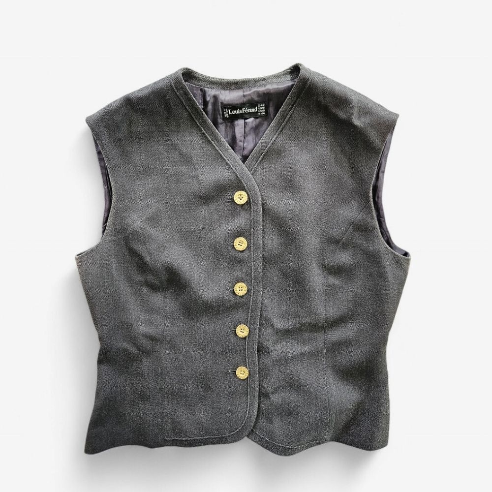 Vintage Louis Feraud Grey Silk Wool Blend Gold Button Down Waistcoat Vest 12